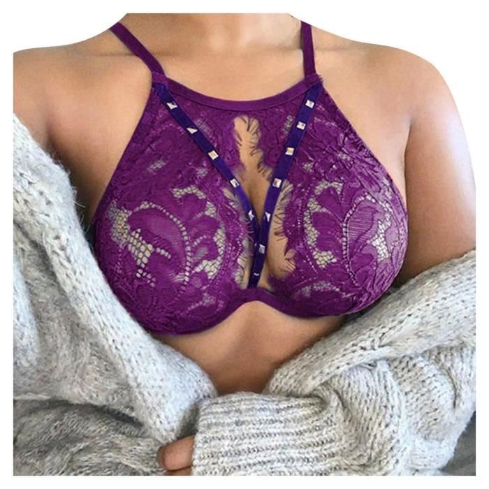 Brassiere Lingerie Sexy En Dentelle Creuse De Couleur Unie Pour Femmes