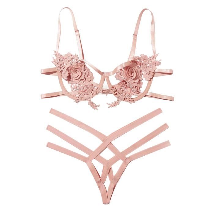 Lingerie Sexy Dentelle Temptation Rose Sous Vêtements Avec Anneau En