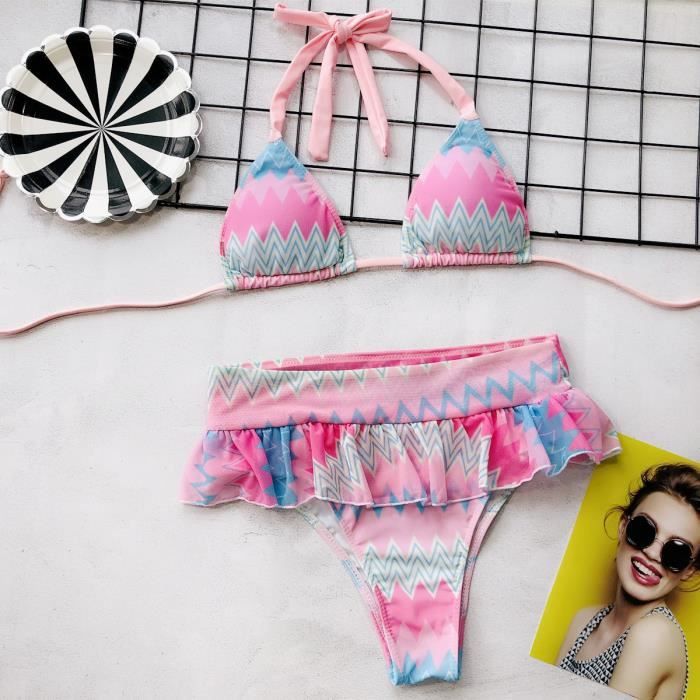 Bikini Sexy Color Ray Patchwork Volants Maille Taille Haute