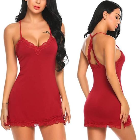 Chemise De Nuit Lingerie Érotique Sexy Sling Dentelle Chemise De Nuit Robe Moulante Rouge