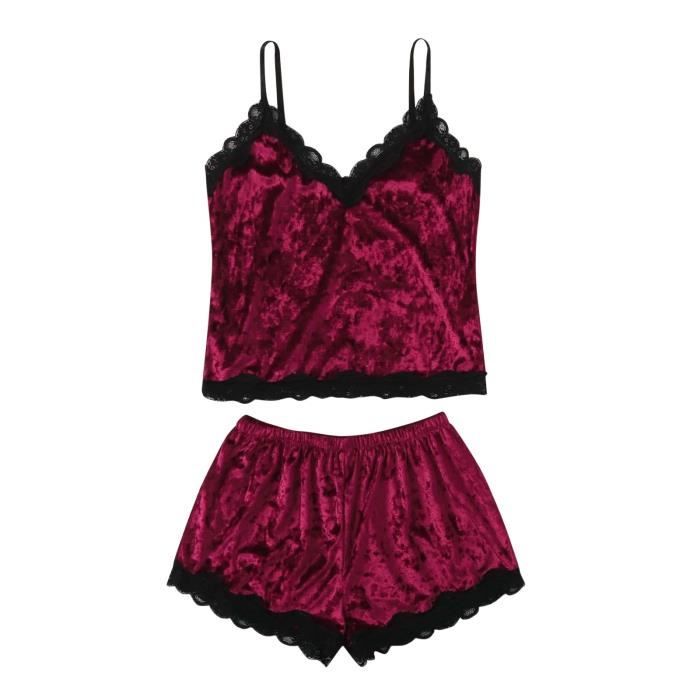 Ensemble Caraco Et Shorty Daim Lingerie De Nuit Chemise De Nuitshorts Dentelle M Xxl Rouge Rouge