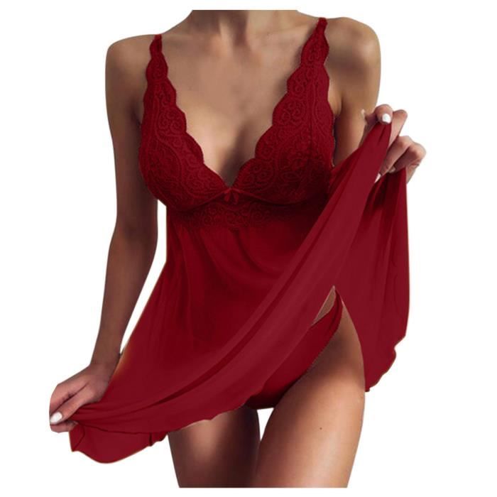 Sous vêtements sexy femmes bretelles dentelle robe transparente pyjama lingerie l14365 Rouge
