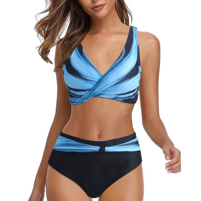 Maillots De Bain Femme Taille Haute Bikini Ensemble Bandes Bleues Bleu Cdiscount Pr T Porter
