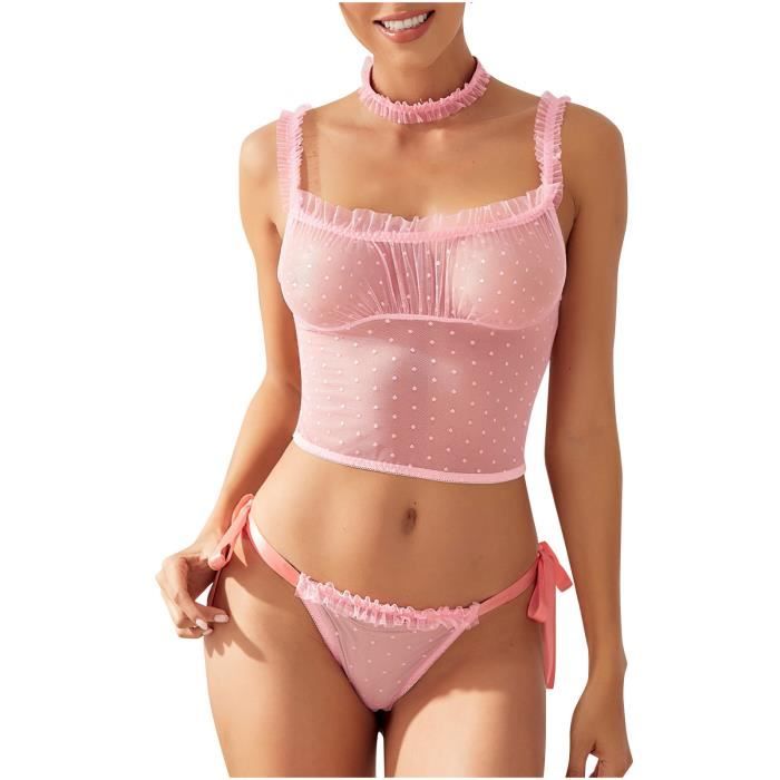 Ensemble Brassiere Et String Tanga Pyjama En Dentelle Satin Lingerie