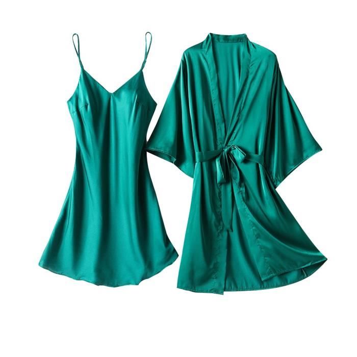 Robe De Chambre Satin Soiepour Femme Chemise De Nuit Lingerie De Nuit Sexy Vert Vert Cdiscount