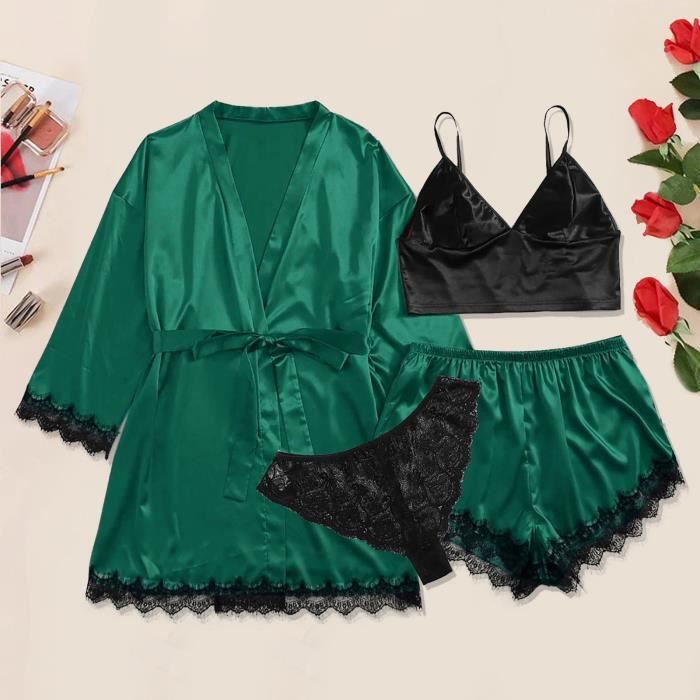 Robe De Chambre Plus Size Lingerie Sexy Femmes En Soie Peignoir Satin Pyjamas Vert Cdiscount