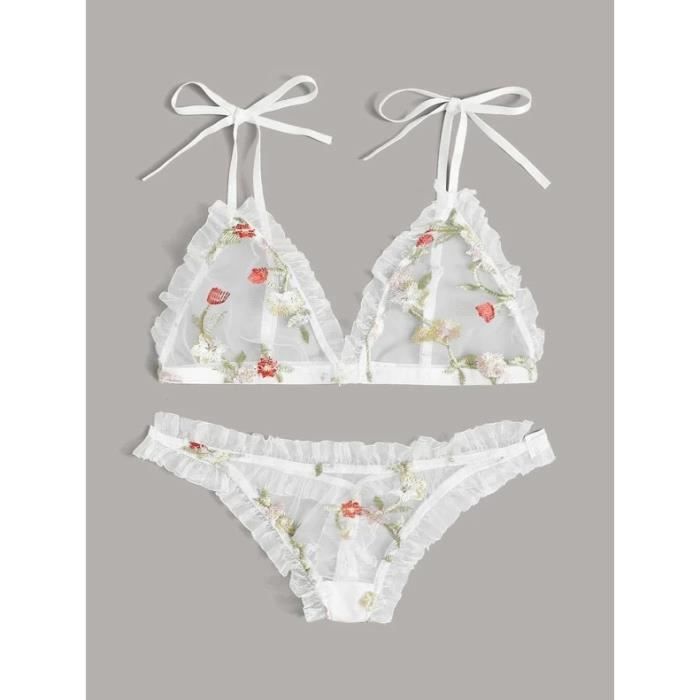 Ensemble Lingerie Nouveau Bralette Transparente Entrejambe Ouverte Blanc Femme Blanc