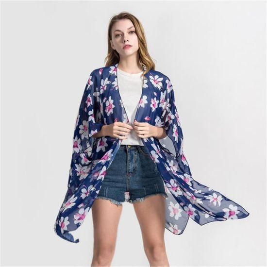 Summer Beach Bikini Sunscreen Blouse Blue Lily Print Chiffon Blouse Sunscreen Cover Up Kimono