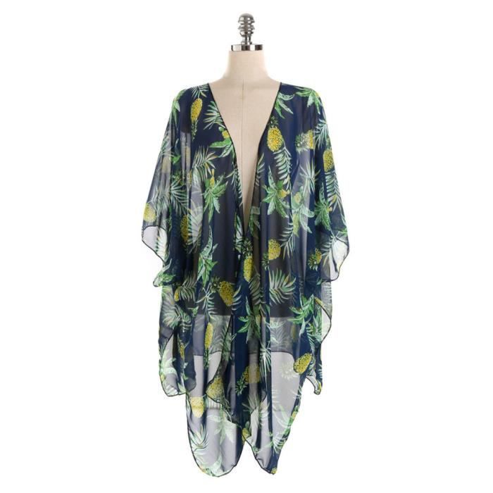 Summer Beach Bikini Sunscreen Blouse Ananas Print Chiffon Blouse Sunscreen Cover Up Kimono