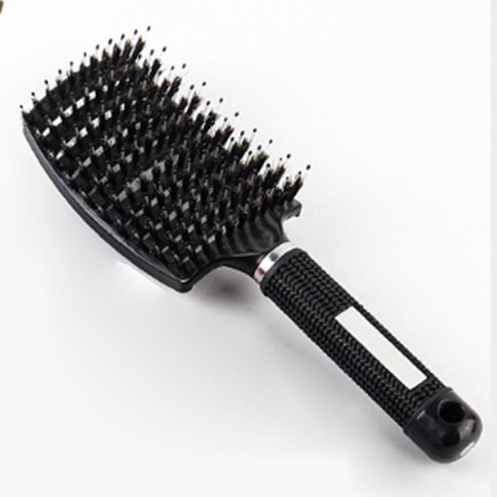 Brosse à Cheveux de poils de Sanglier Naturel en Nylon ABS Pneumatique Ovale Antistatique Massage Chevelu Peigne Hair Brush - noir