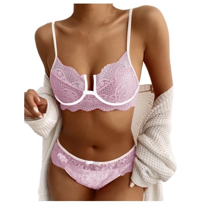 Ensemble Brassiere Et String Tanga Pyjama En Dentelle Satin Lingerie