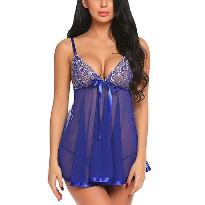 Femmes V Neck Lingerie Broderie Dentelle Babydoll Mesh Nightwear