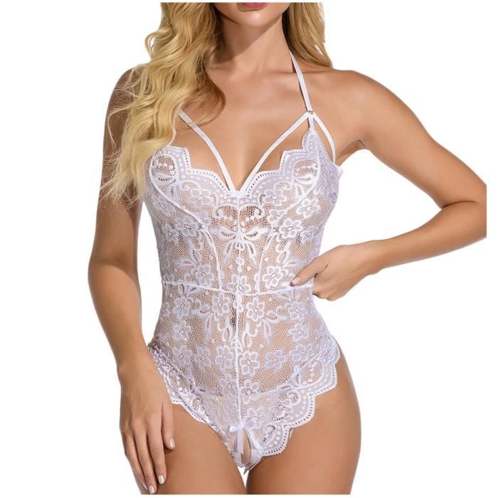 Combinaison Femme Dentelle Lingerie Body évidé Pyjama entrejambe ouvert noir Blanc L Blanc