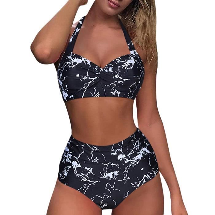 Maillot de Bain 2 Pieces Femme Licou Bikini Froncé et Torsadé Ensemble