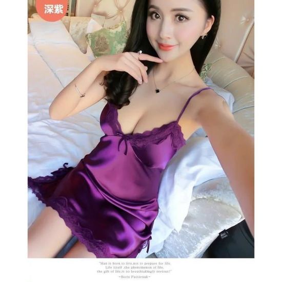 Nuisette Sexy Lingerie Violet Satin Col V Halter Ouverte