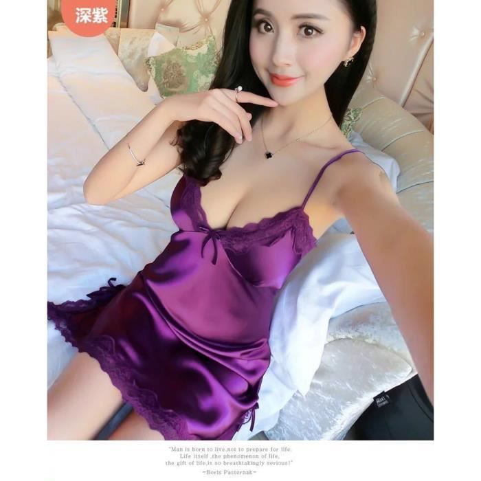 Nuisette Sexy Lingerie Violet Satin Col V Halter Ouverte