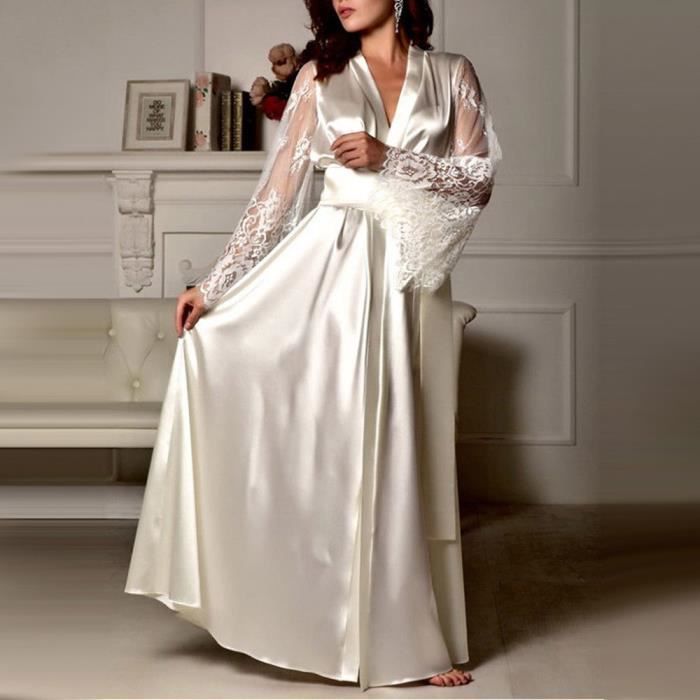 Pyjama Femmes Satin Longue Chemise De Nuit Soie Dentelle Lingerie V Tements Robe Sexy Blanc
