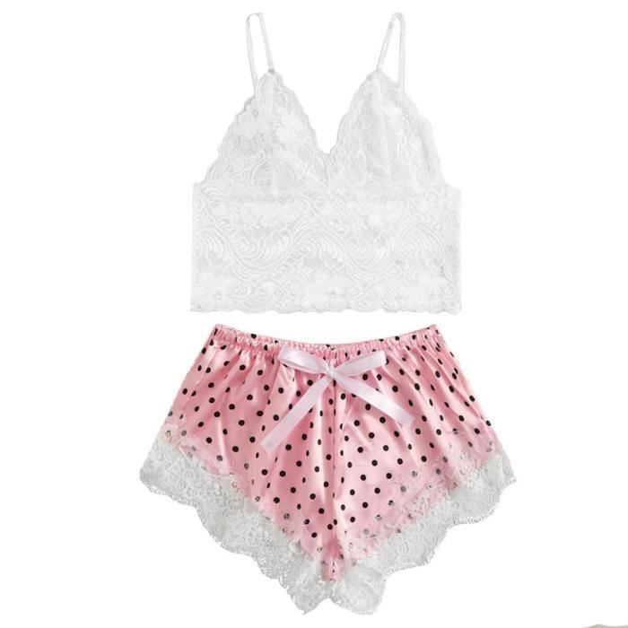 Femmes Satin Dentelle Imprim Camisole Soutien Gorge Short Arc V Tements De Nuit Pyjama Lingerie