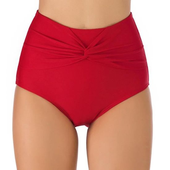 Bas de maillot de bain bikini taille haute à fronces pour femme rouge