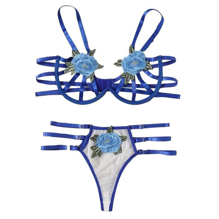 G String Rose Fleurs Broderie Bralette Cupless Dentelle Soutien Gorge Bustier Lingerie Bleu Bleu