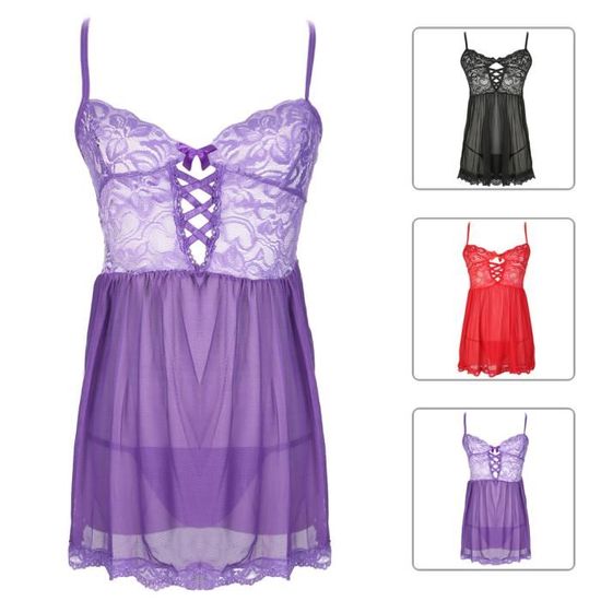 Lingerie Nuisette Sexy Transparent Robe De Nuit En Dentelle Avec Cordon