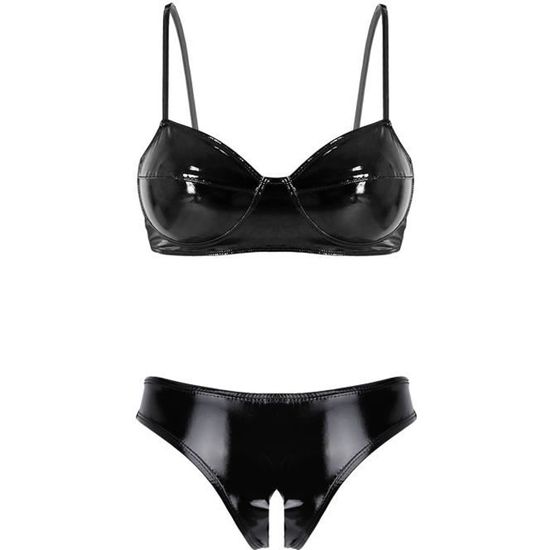 DPois Ensemble Lingerie Cuir Latex Sexy Ouverte Femme Soutien Gorge Et