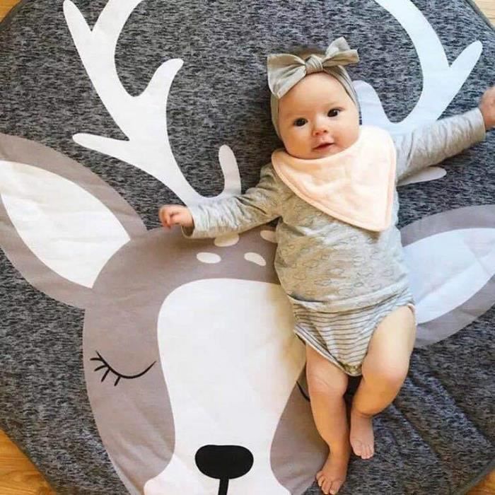 Tapis d'Éveil Bébé Tapis de Jeu Tapis Rond en Coton Doux Décoration de Salle cerf