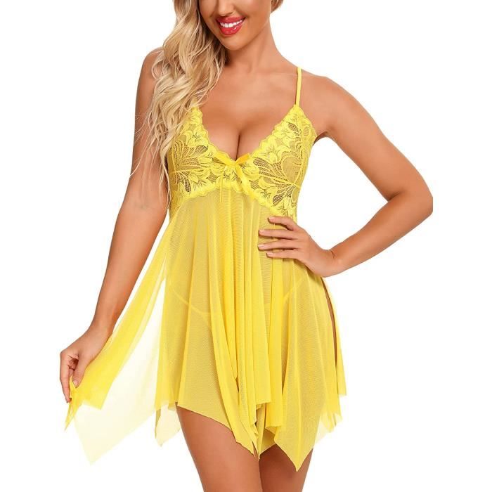 Ensemble De Lingerie Sexy En Dentelle Pour Femmes Nuisette Asym Trique