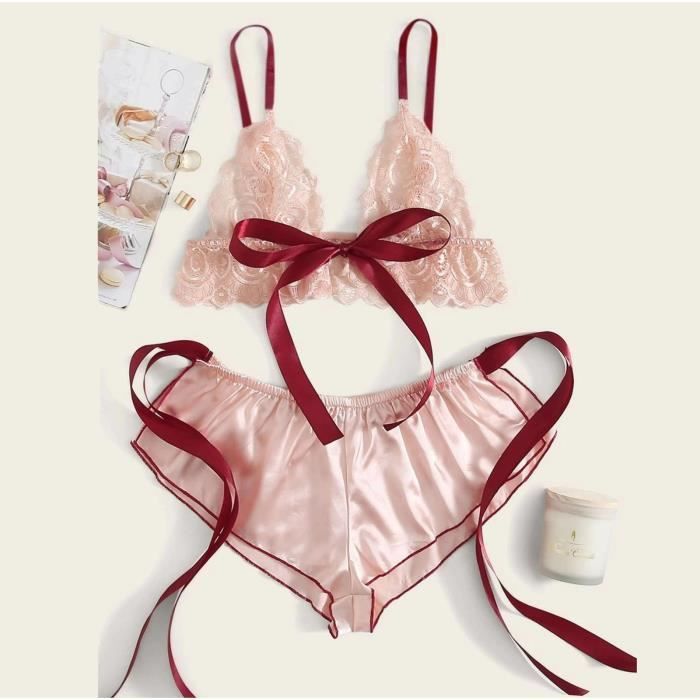 Femmes Sexy Dentelle Sans Fil Bow Soutien Gorge Satin Shorts V Tements De Nuit Lingerie Pyjamas