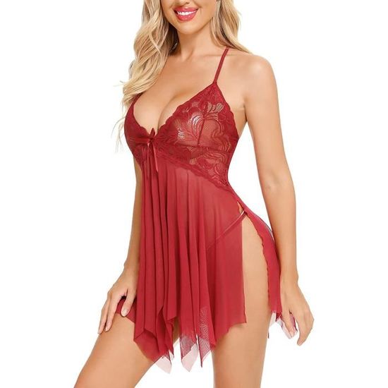 Ensemble de Lingerie Sexy en Dentelle pour Femmes Nuisette asymétrique