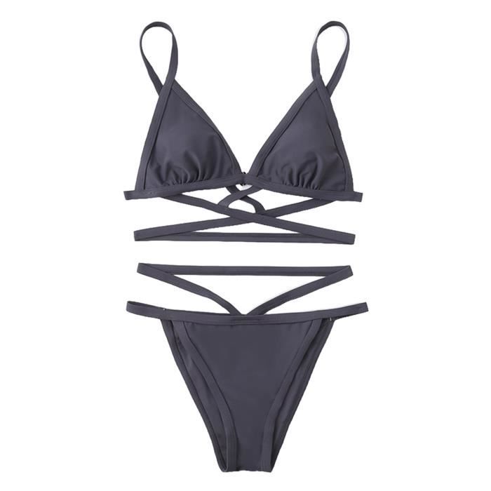 MAILLOT DE BAIN PCS Set Bikini Set Couleur Solid Cross Strap Thong
