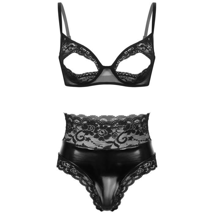 Freebily Ensemble Lingerie Feminine Sexy String Cuir Verni Soutien Gorge Sein Nu Sous V Tement