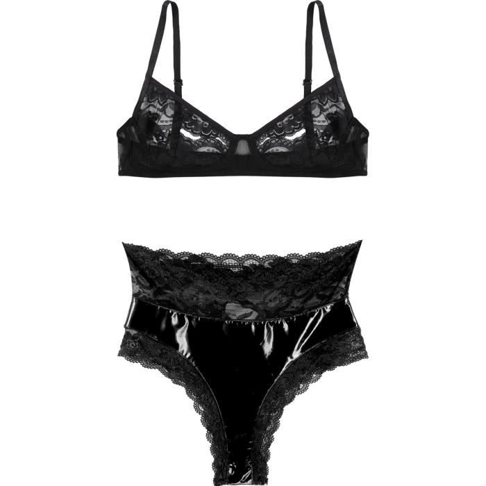 Freebily Ensemble Lingerie Feminine Sexy String Cuir Verni Soutien