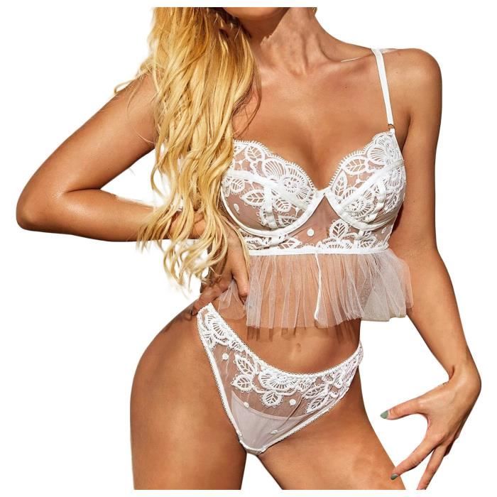 Ensemble Brassiere Et String Tanga Pyjama En Dentelle Satin Lingerie