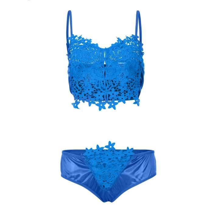 Ensemble Brassiere Et String Tanga Pyjama En Dentelle Satin Lingerie