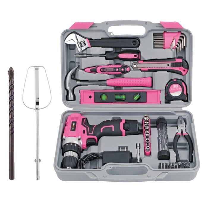 12 V mini rose Perceuse électrique au lithium 58 pièces ensemble d'outils ménagers peux être utilisées comme fouet adapté aux femme