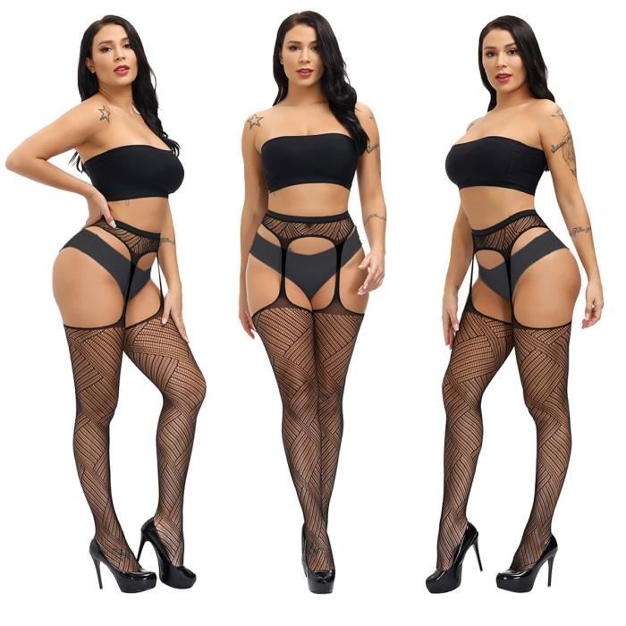 Jarretelles En Résille Grande Taille Sexy Entrejambe Ouvert Lingerie Taille Haute Collant