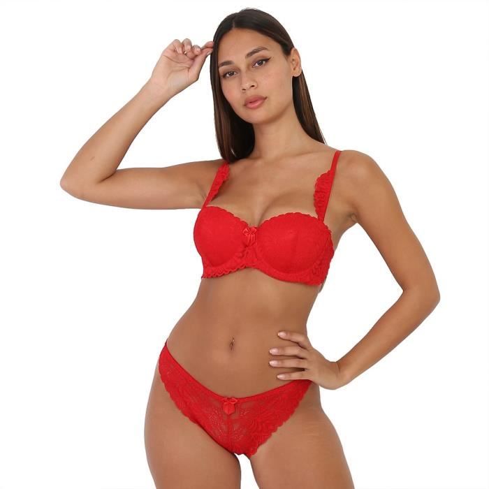 Ensemble lingerie rouge avec soutien gorge festonné Rouge Cdiscount