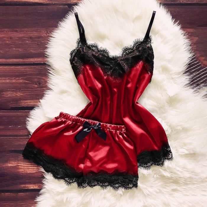 Ensembles De Lingerie Femmes Col En V Cils Dentelle Sexy Tache Camisole Pyjamas Bowknot Shorts