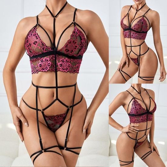 Femmes exquise maille Lingerie soutien gorge jarretière slips