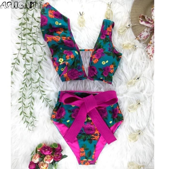 MAILLOT DE BAIN nouveau Bikini fleuri à volants Bikini ensemble femmes col en v taille