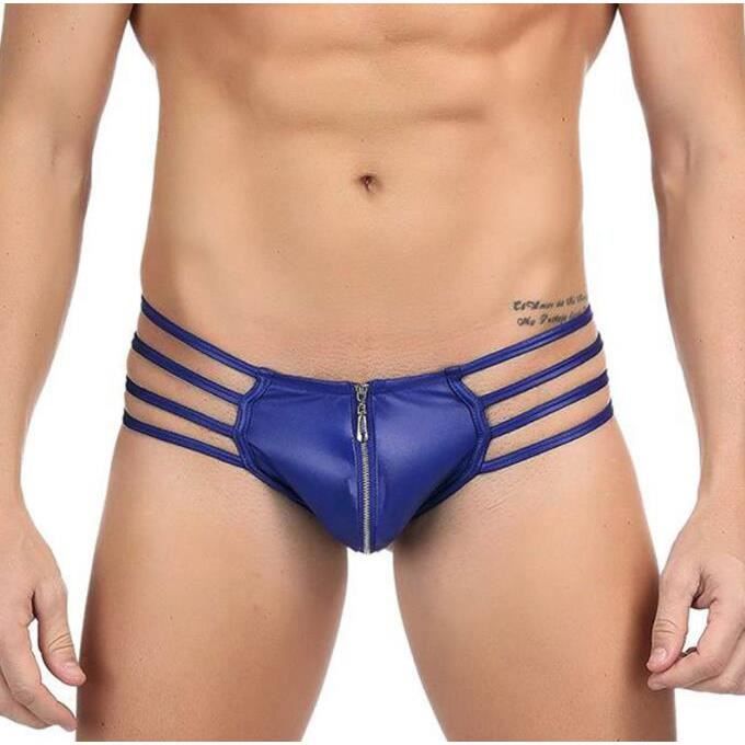Lingerie Sexy Homme Boxer En Cuir Pu Blue Ouvert Zip Sans Enlever