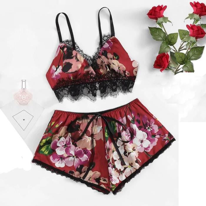 Mode Sexy Dentelle Satin Garniture Floral Bow Lingerie Ensemble Pyjama