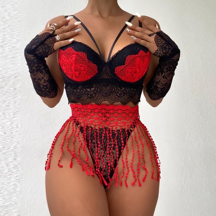 Femmes Exquis Maille Lingerie Soutien Gorge Slips Gants Skrits