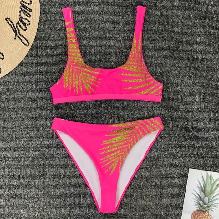Maillot De Bain Or Feuilles Imprimer Bikini Femmes Taille Haute Maillot