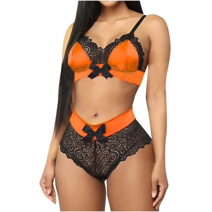 Femmes Mode Dentelle Gilet Creux Maille See Through Push Up Sexy Sous Vêtements Lingerie Orange