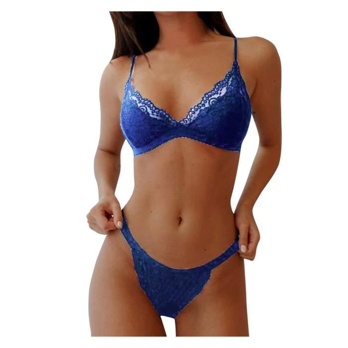 Ensemble Brassiere Et String Tanga Pyjama En Dentelle Satin Lingerie