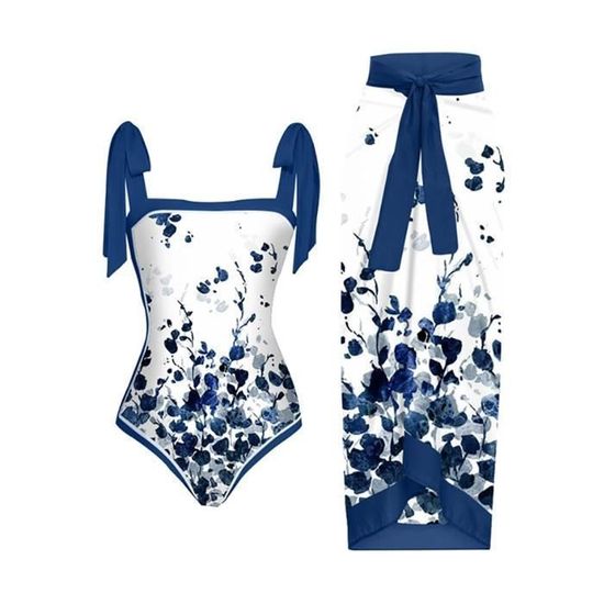 Maillot de bain une pièce Bikini Maxi robe deux pièces en mousseline à lacets Bleu A7 Bleu