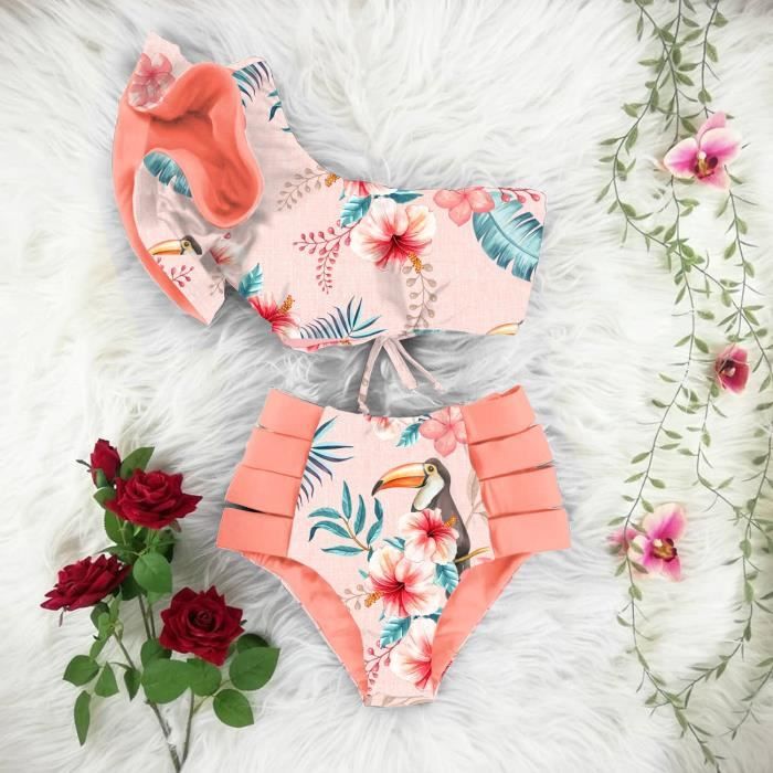 MAILLOT DE BAIN nouveau Bikini fleuri à volants Bikini ensemble femmes col en v taille