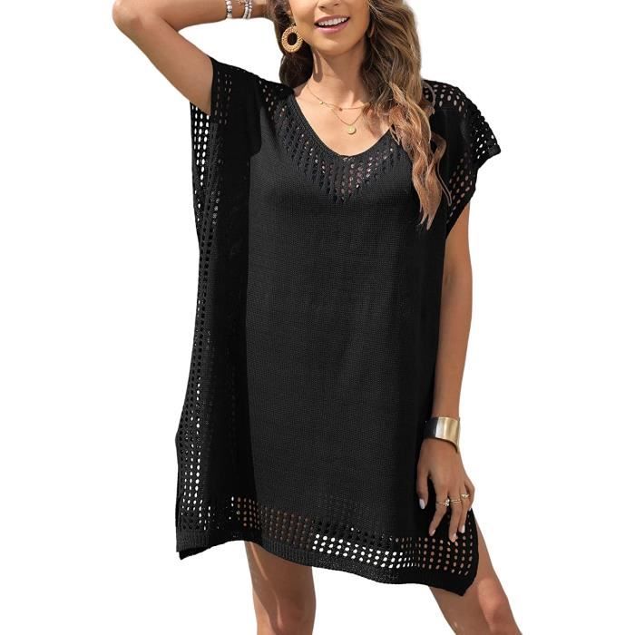 Robe de Plage Crochet Sarongs en Crochet té Plage Couvrir Sexy V Cou Bikini Cover Up Bohème noir